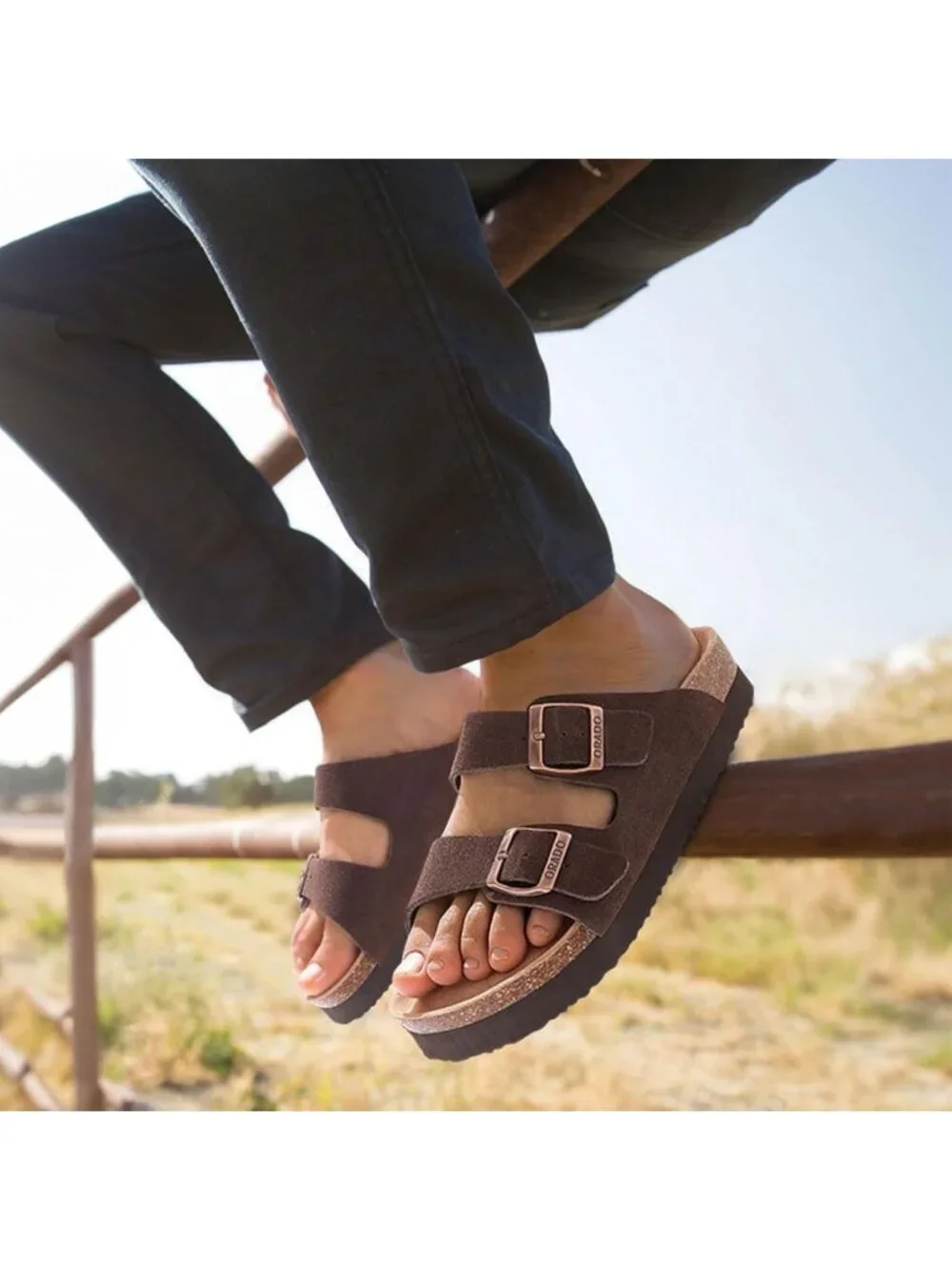 Soft Cork Footbed Platform Suede Sandals for Women - Adjustable Summer Slides